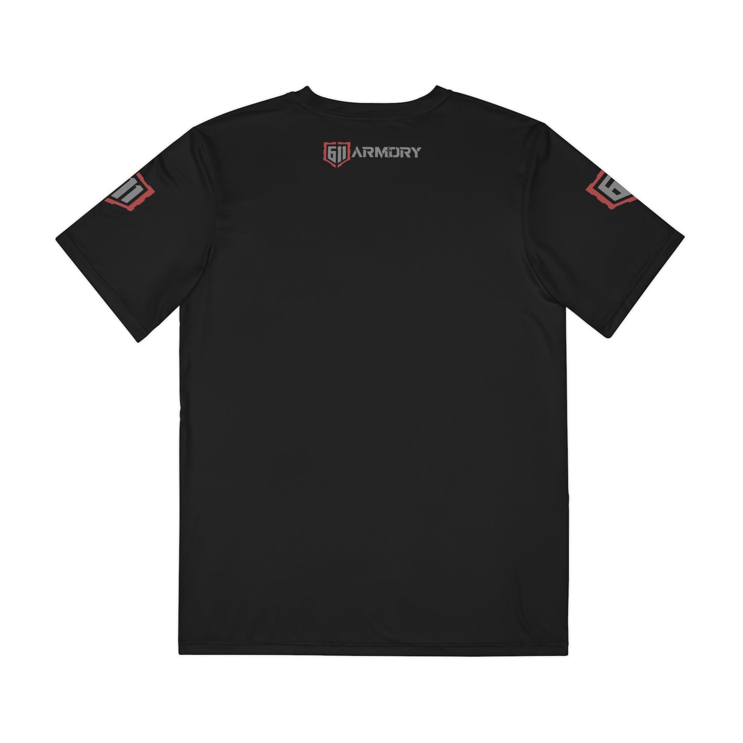 Black t-shirt with logos on sleeves against a white background