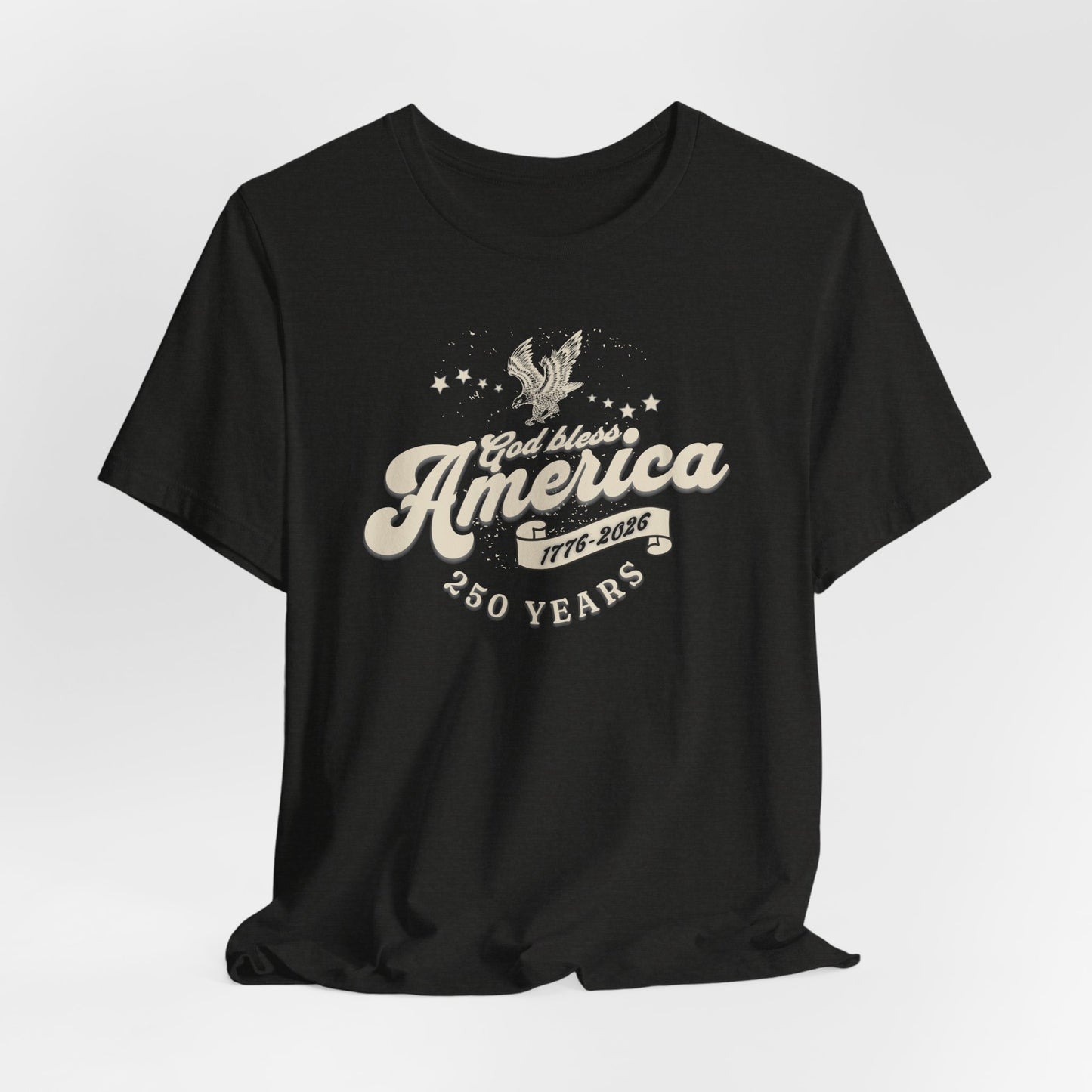 Black t-shirt with 'God bless America 1776-2026' text and eagle design on a white background