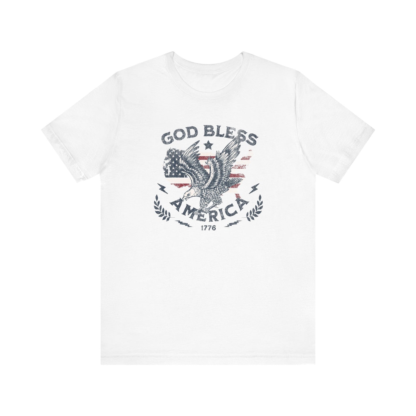 White t-shirt with 'God Bless America' graphic design on a white background