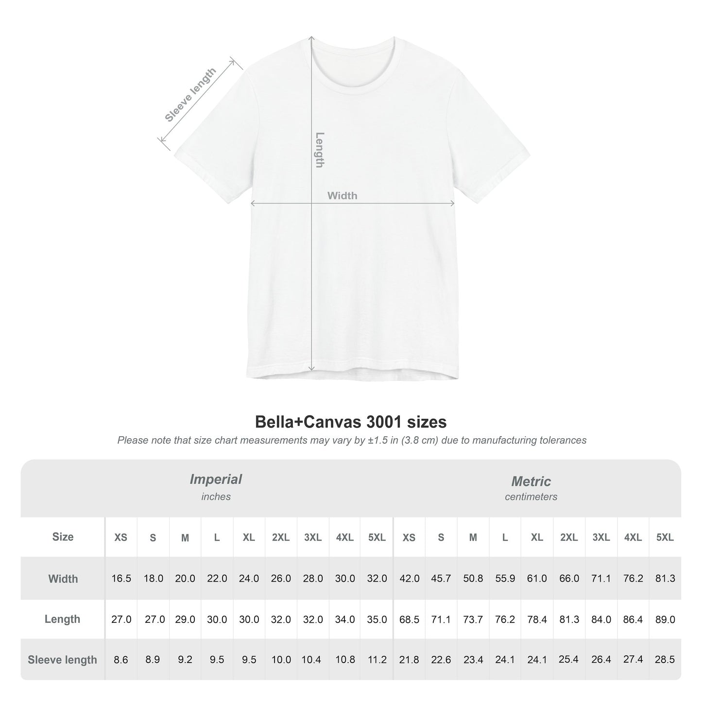 T-shirt with measurement chart on a white background