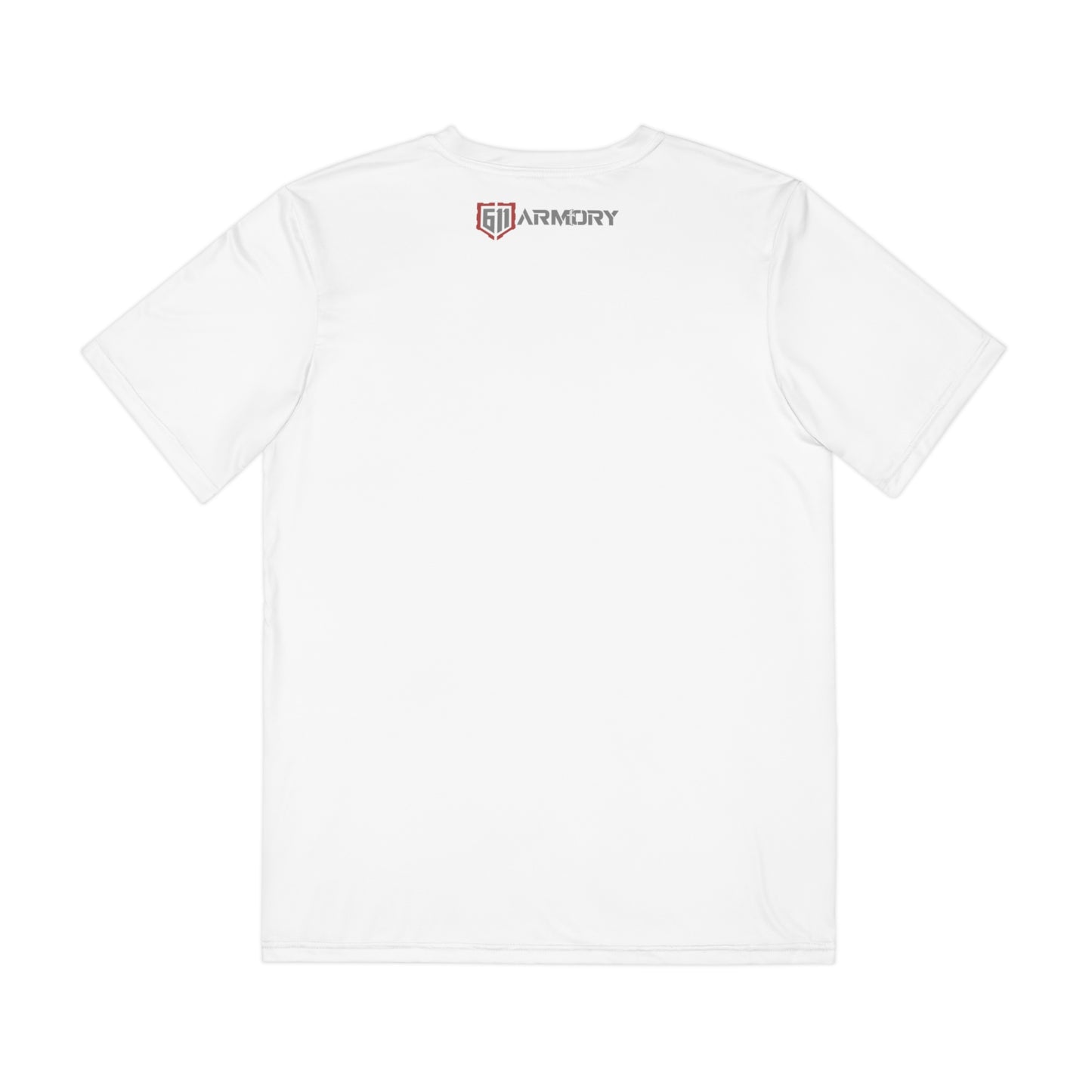 White t-shirt with a logo on the chest against a white background