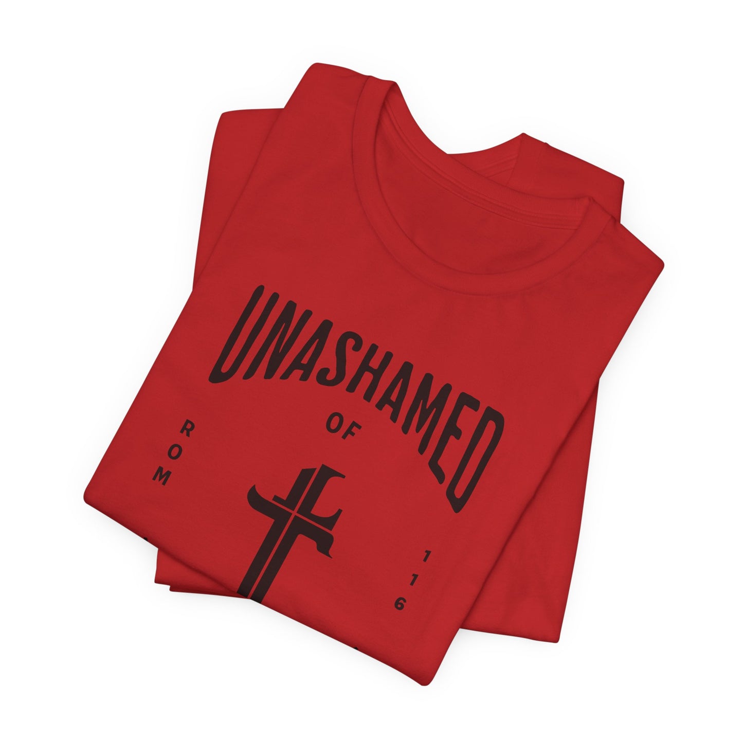 Red t-shirt with 'UNASHAMED' text and cross design on a white background