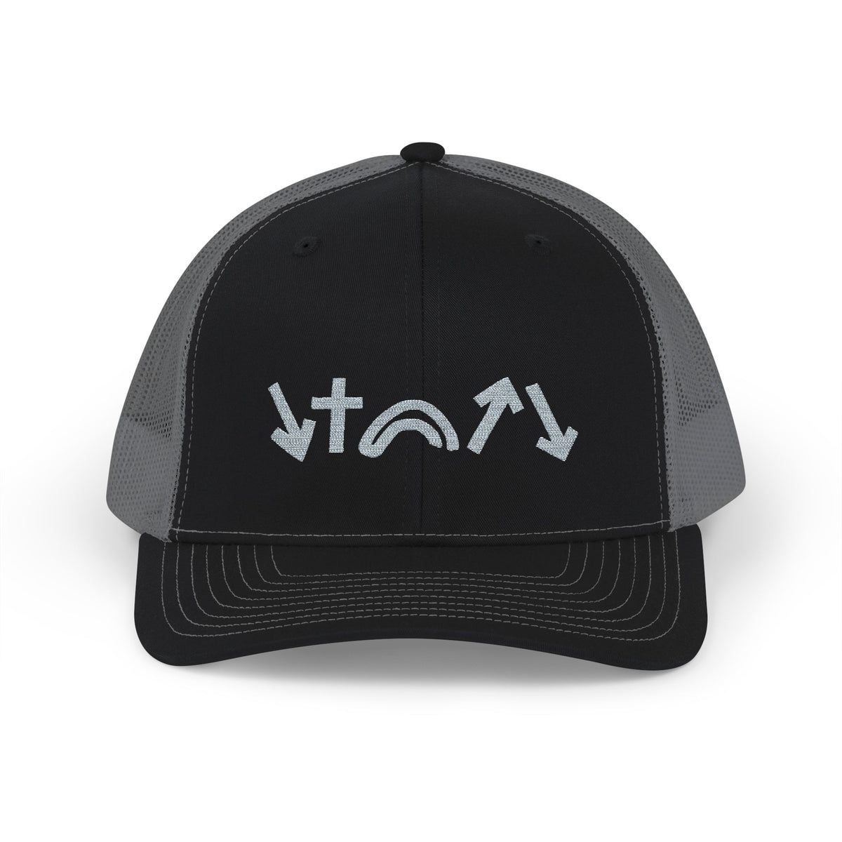 A black and charcoal trucker cap is displayed, featuring five symbolic designs in white on the front. The symbols include a cross and various arrow shapes, showcasing a modern and meaningful aesthetic.