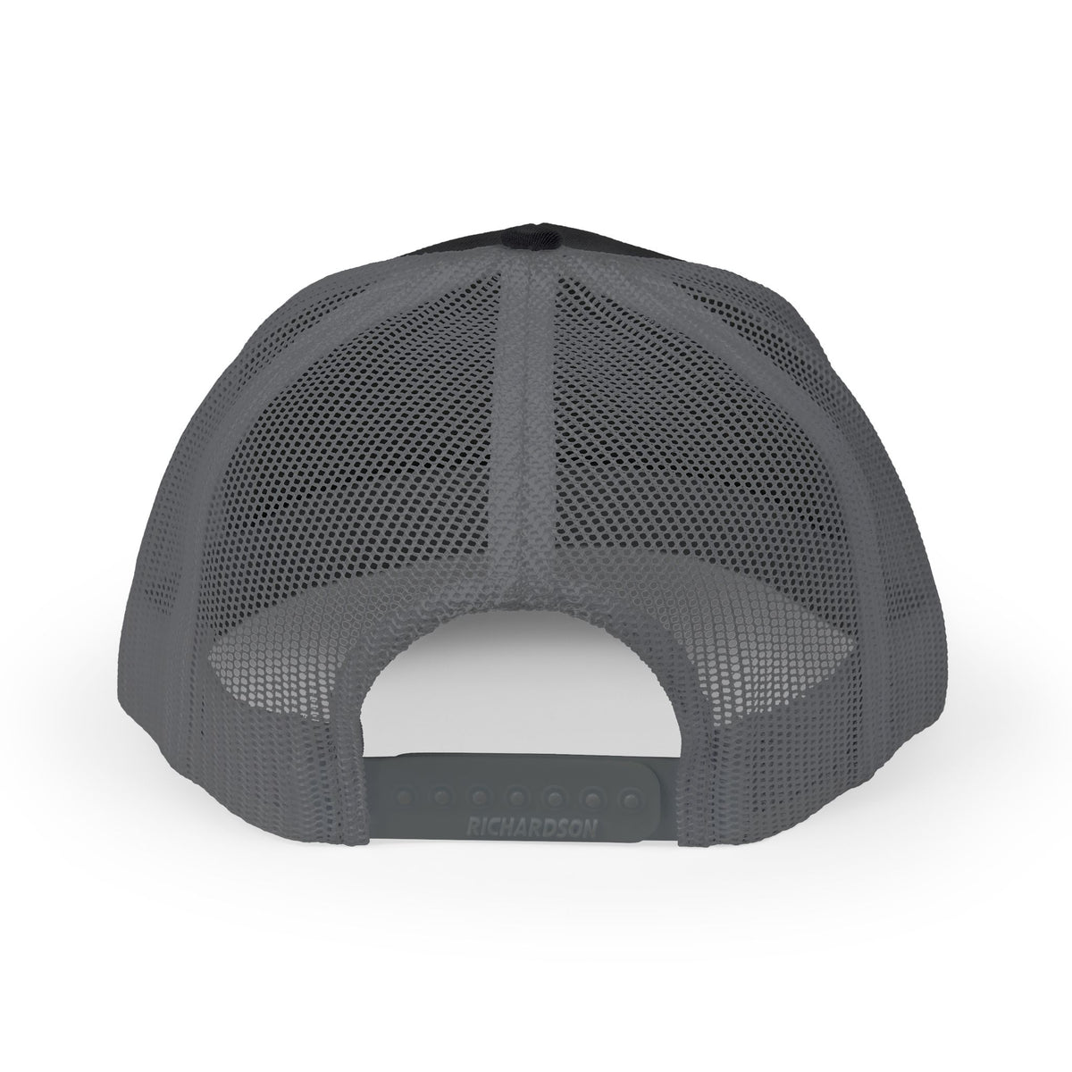 The image shows the back view of a trucker cap featuring a gray mesh design. The cap has a black fabric front and an adjustable strap with the brand name RICHARDSON visible on the back.