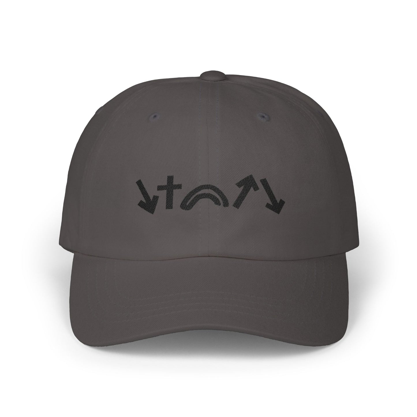 Dark gray cap with black logo on a white background