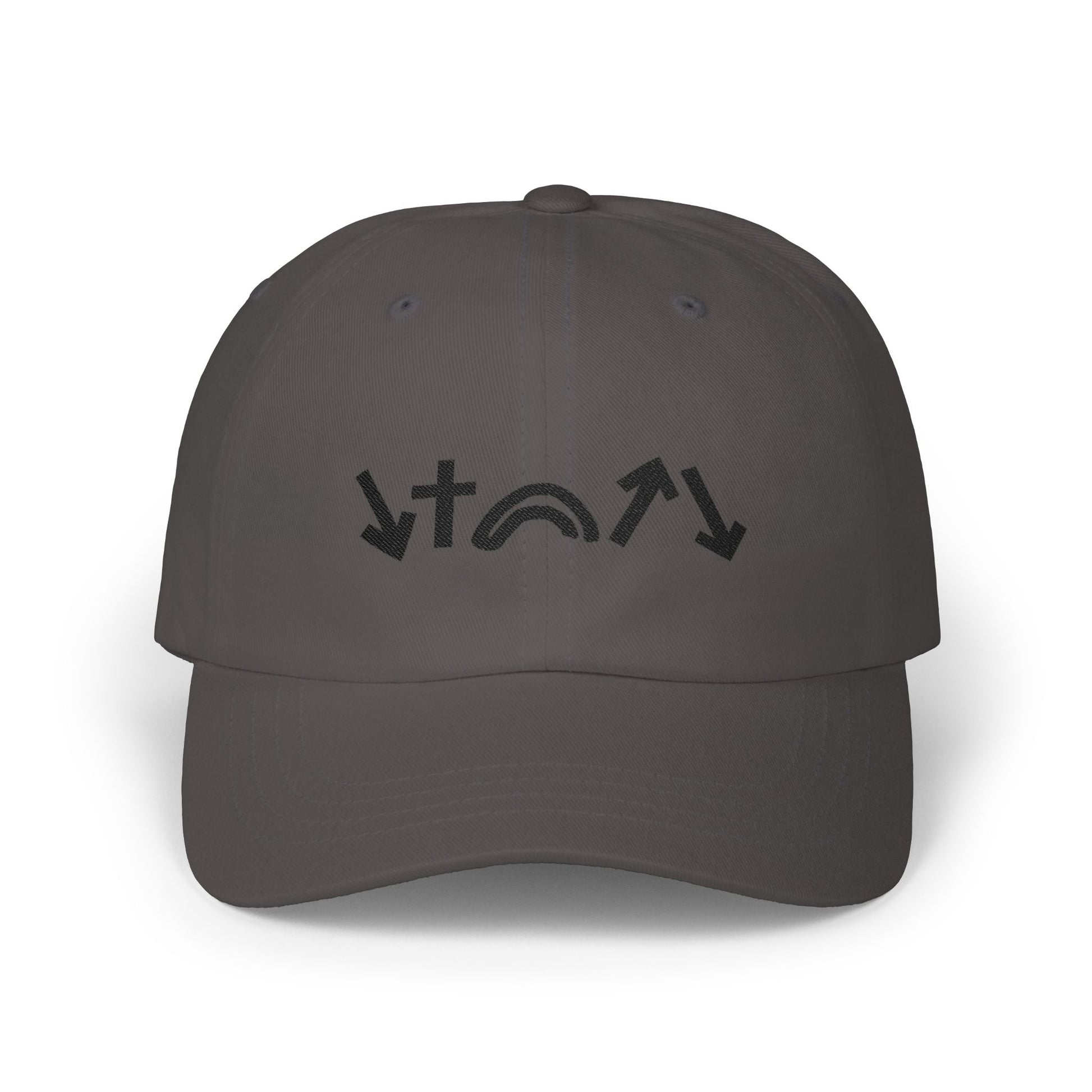 Dark gray cap with black logo on a white background