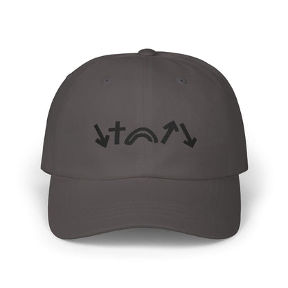 Dark gray cap with black logo on a white background