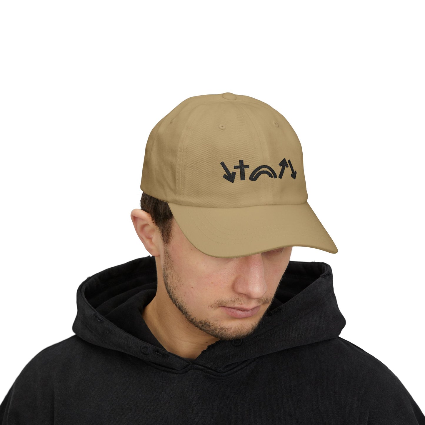 Man wearing a beige cap with black logo on a white background