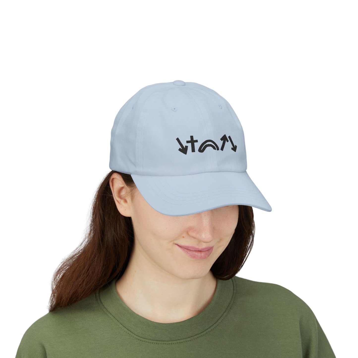 Person wearing a light blue cap with black text on a white background