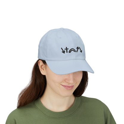 Person wearing a light blue cap with black text on a white background