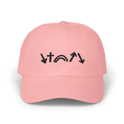 Pink cap with black text on a white background