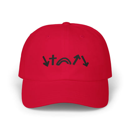 Red cap with black logo on a white background