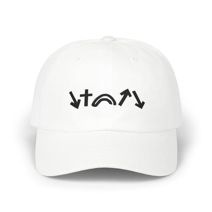 White baseball cap with black logo on a white background