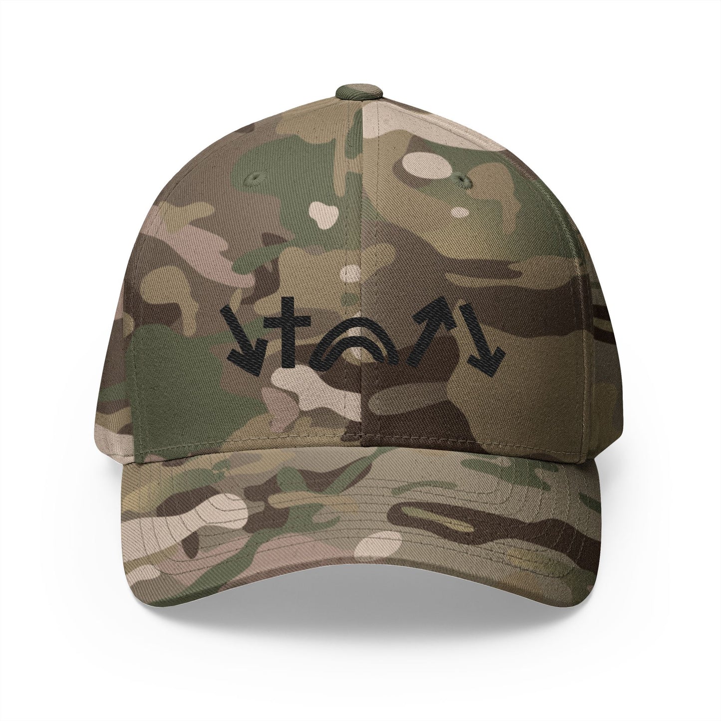 Camouflage baseball cap with black logo on a white background
