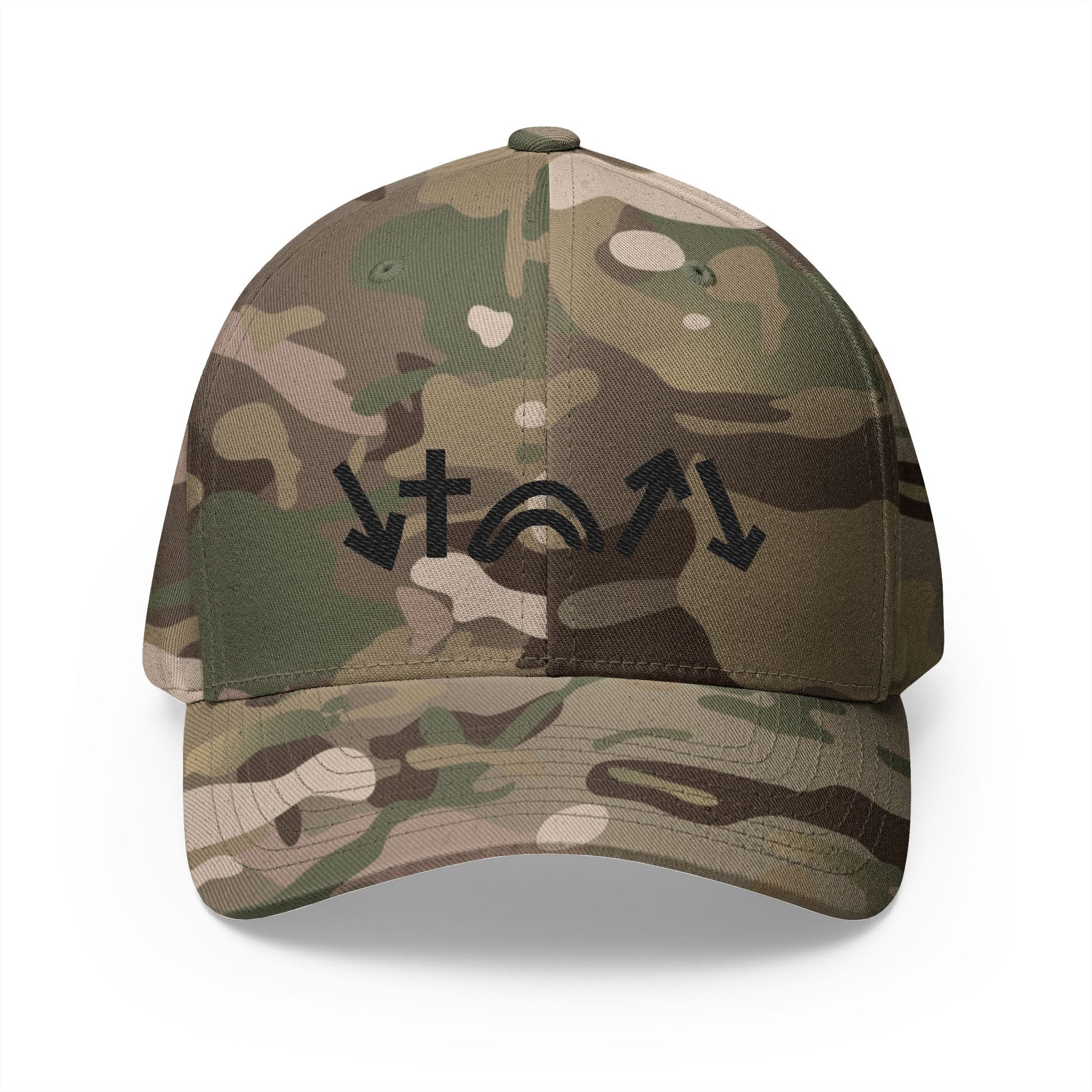 Camouflage baseball cap with black logo on a white background