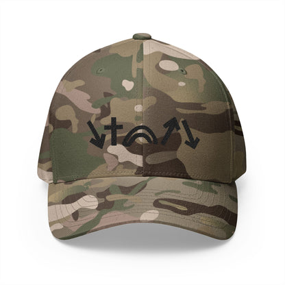 Camouflage baseball cap with black logo on a white background