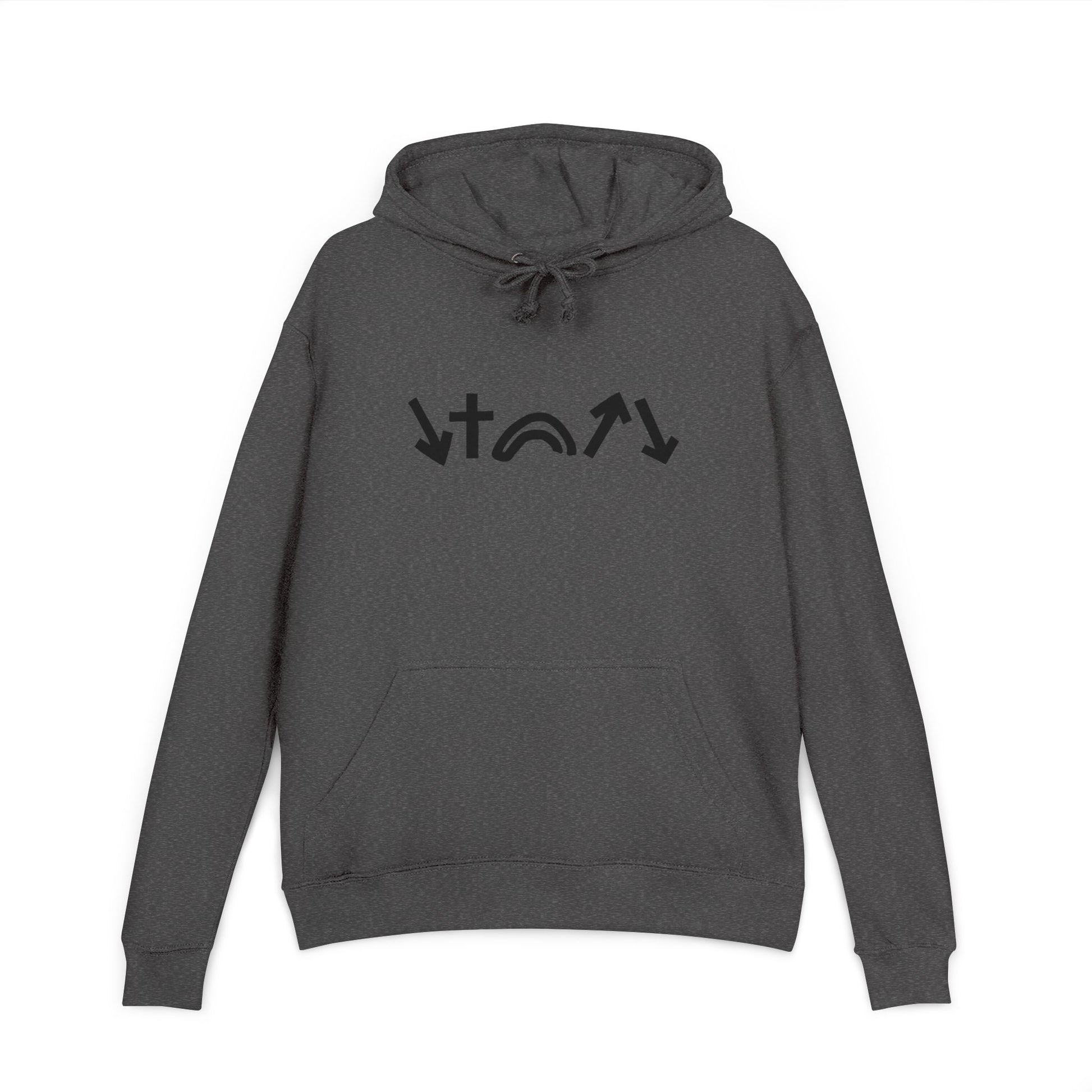 Gray hoodie with black graphic design on a white background
