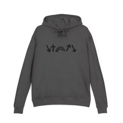 Gray hoodie with black graphic design on a white background
