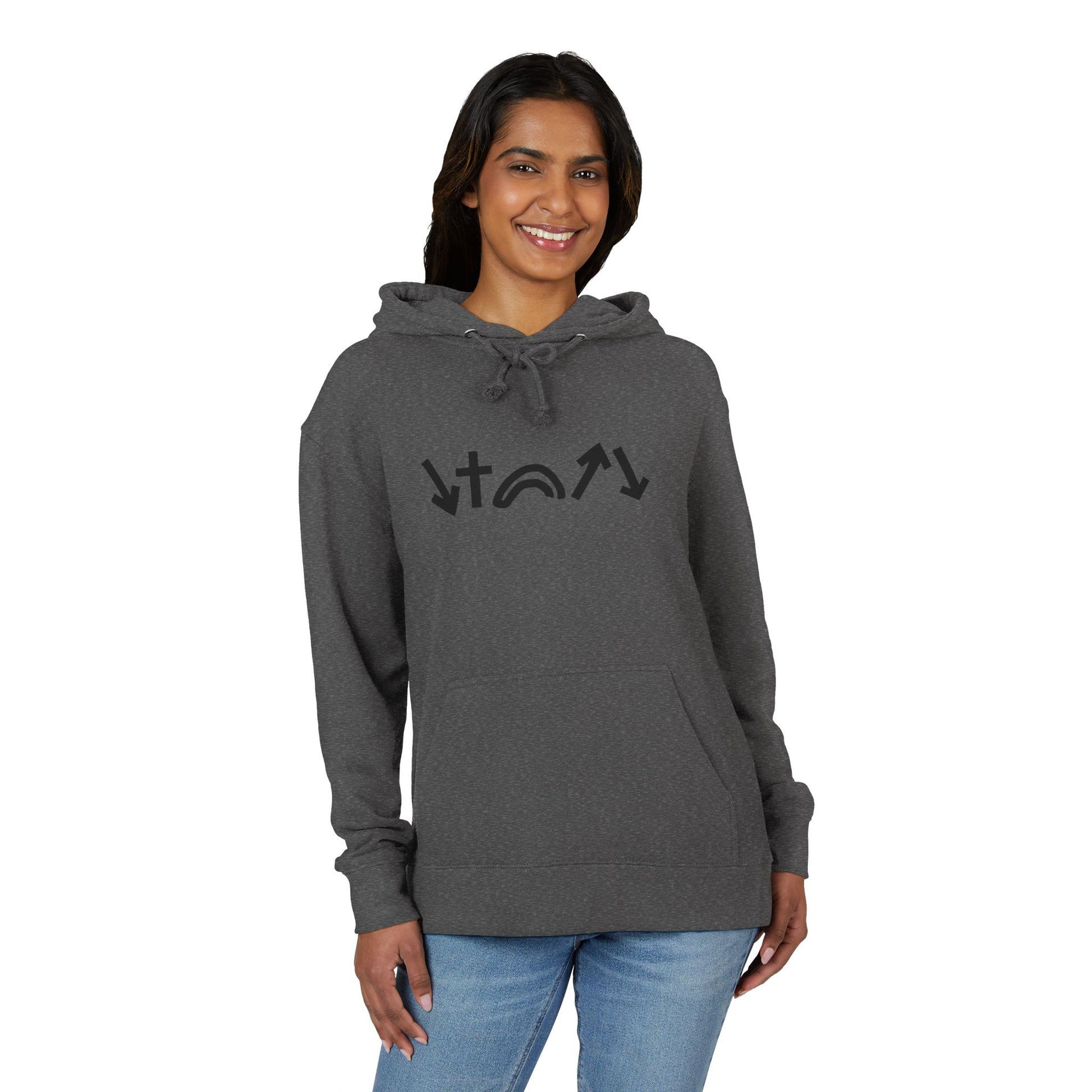 Woman wearing a gray hoodie with a logo on a white background