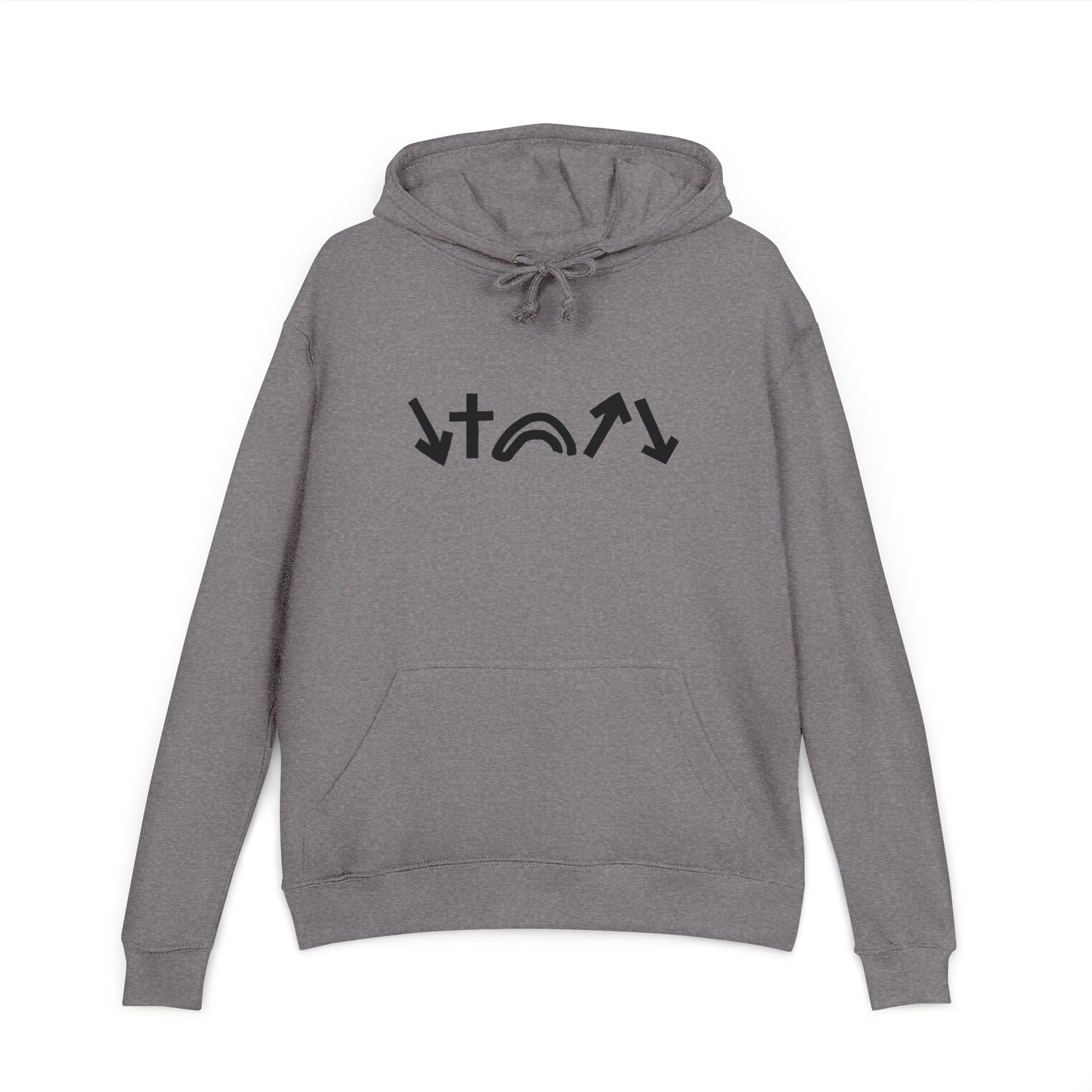 Gray hoodie with black symbols on a white background