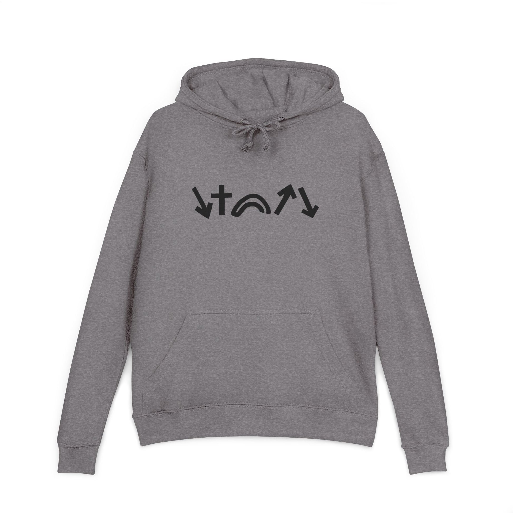 Gray hoodie with black symbols on a white background