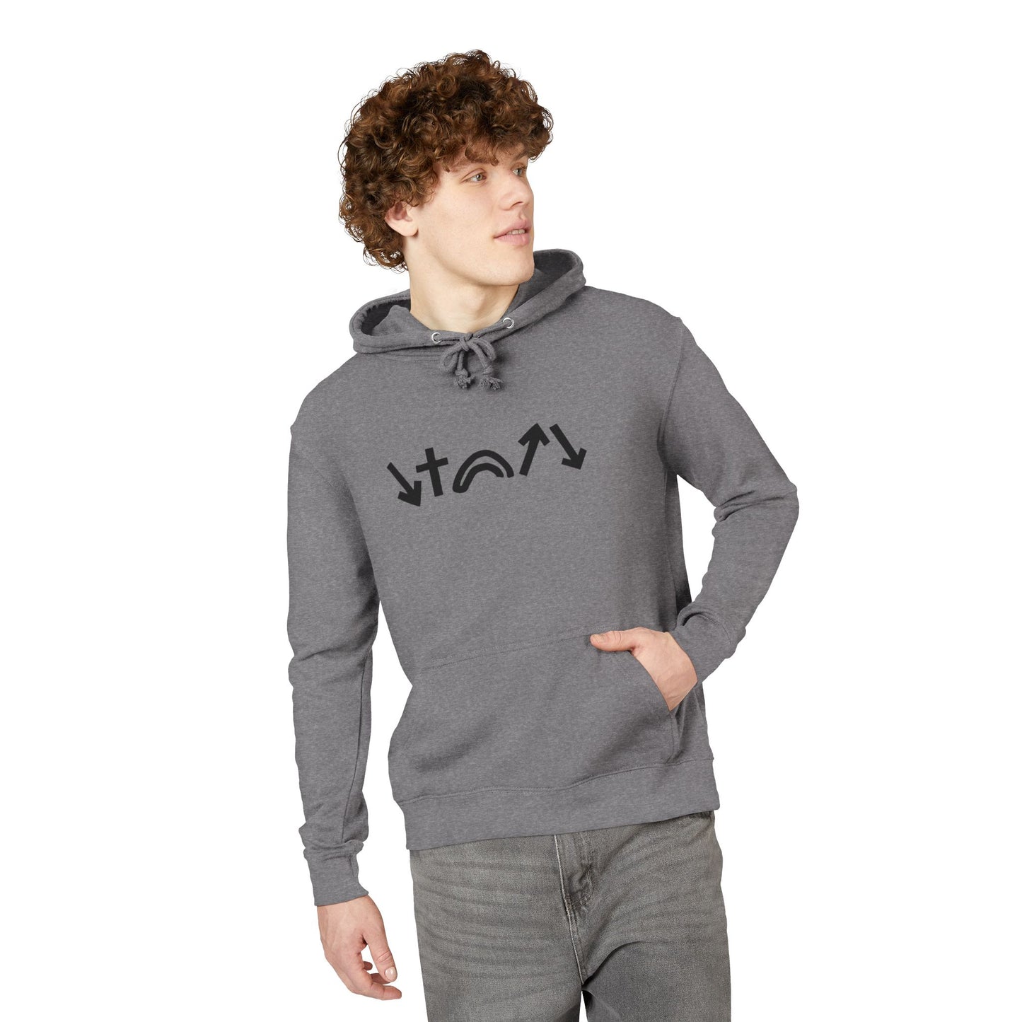 Man wearing a gray hoodie with a logo on a white background