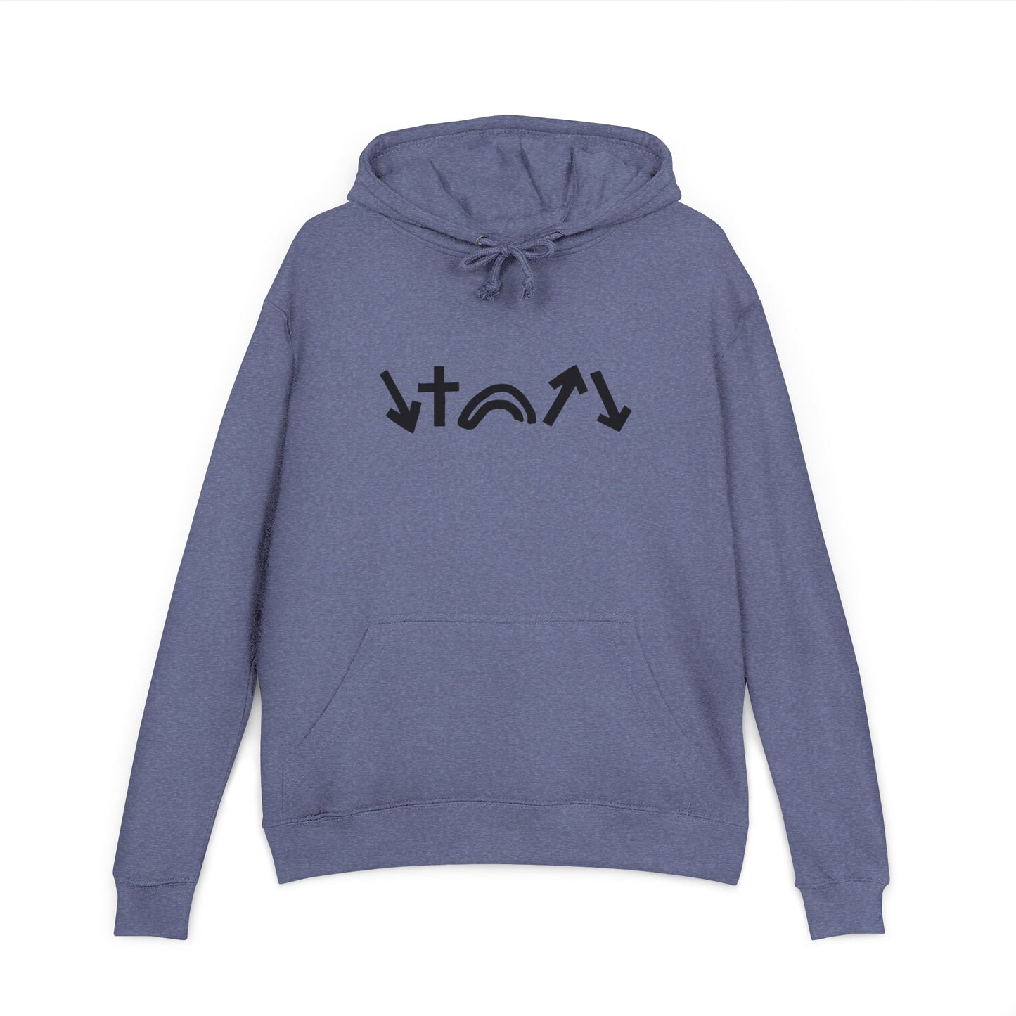 Blue hoodie with black symbols on a white background