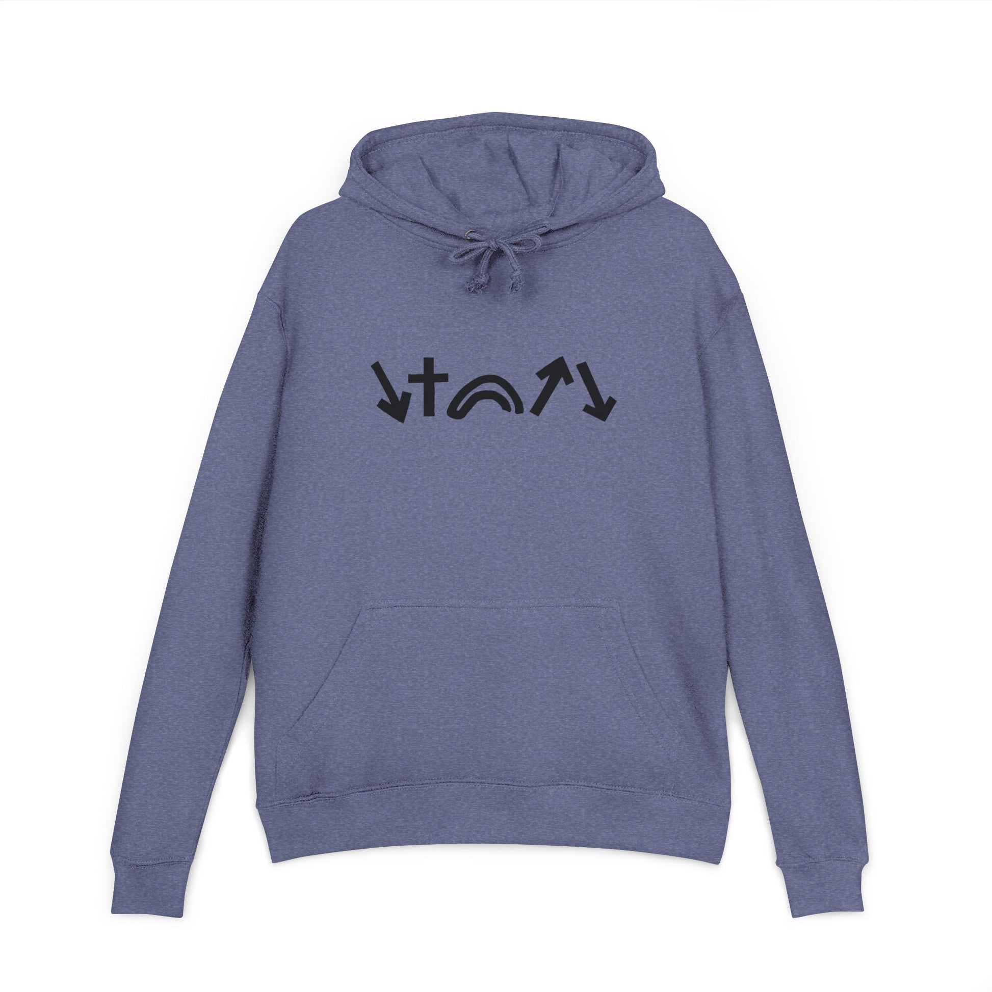Blue hoodie with black symbols on a white background