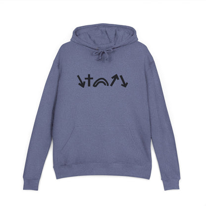 Blue hoodie with black symbols on a white background