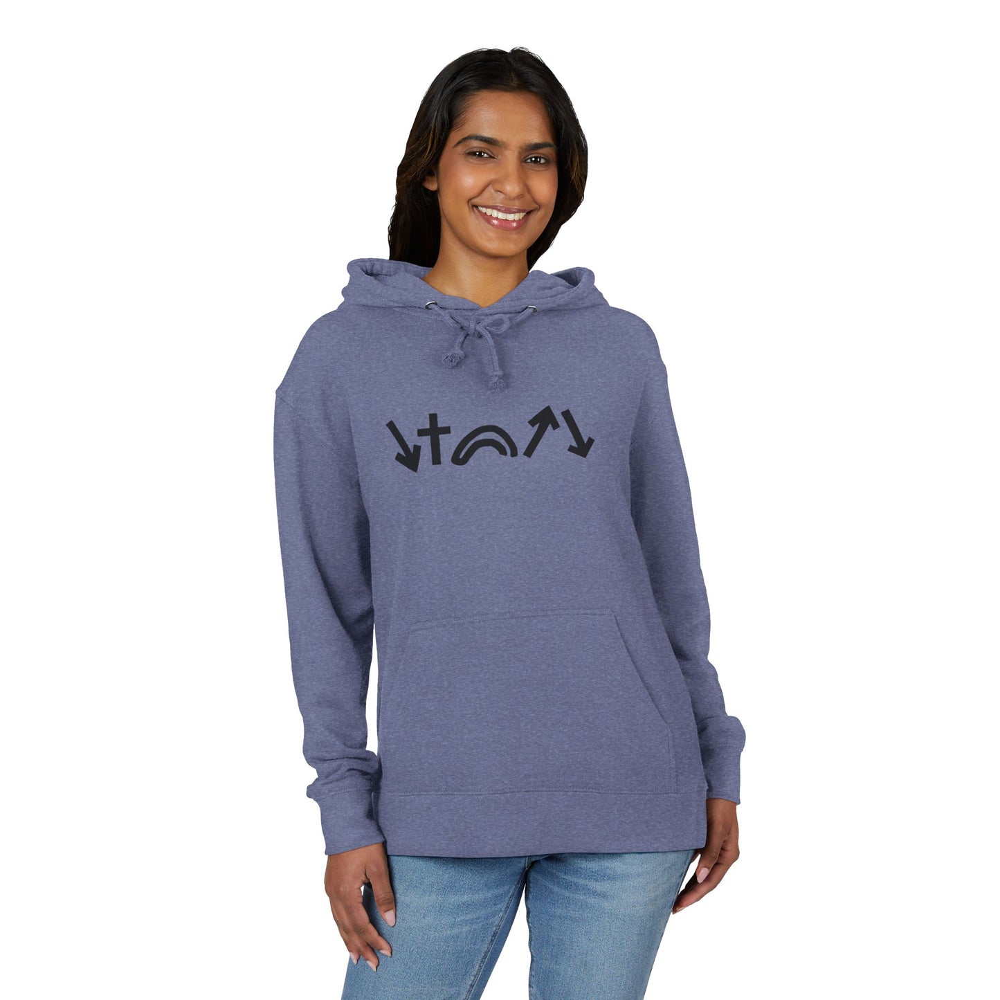 Woman wearing a blue hoodie with a logo on a white background