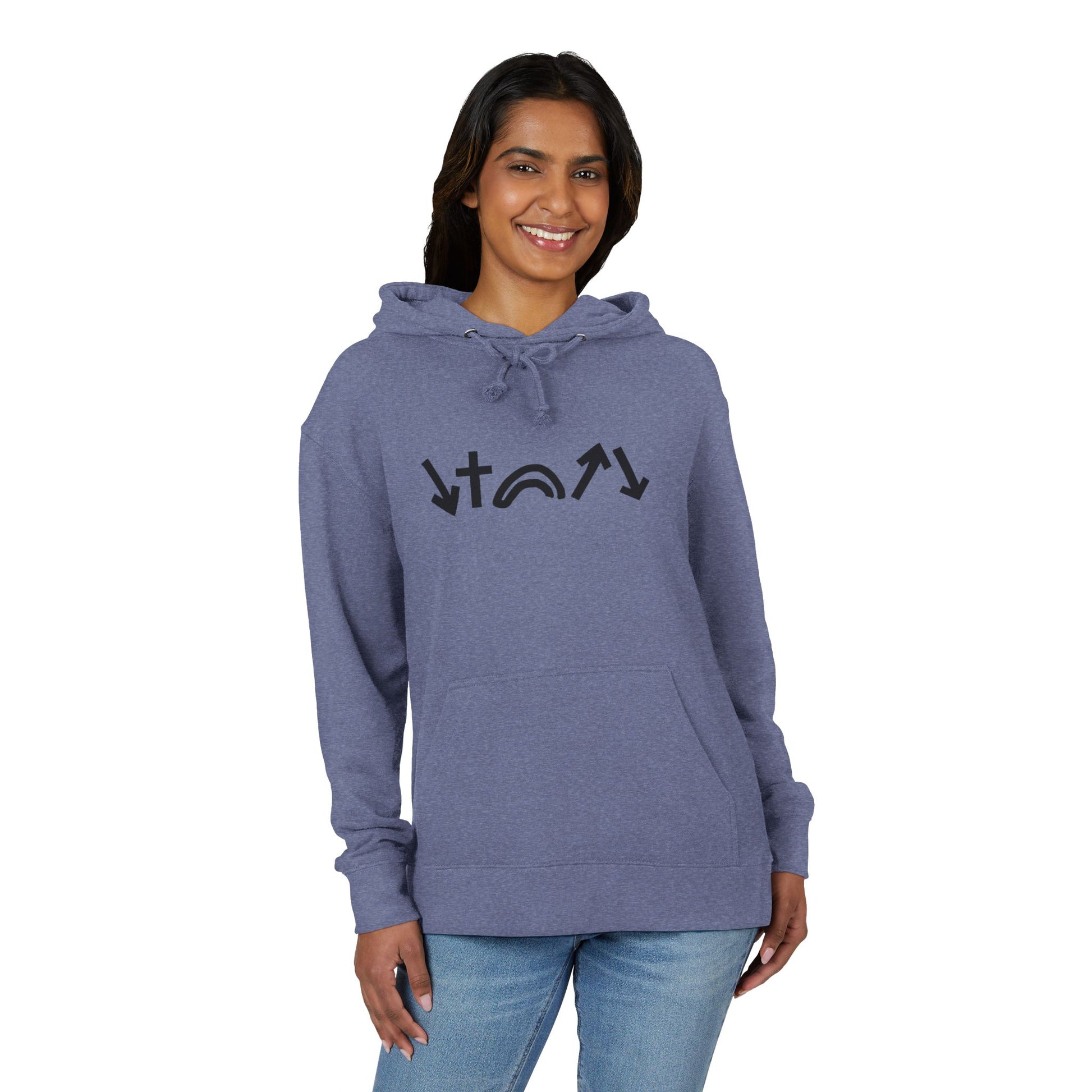 Woman wearing a blue hoodie with a logo on a white background
