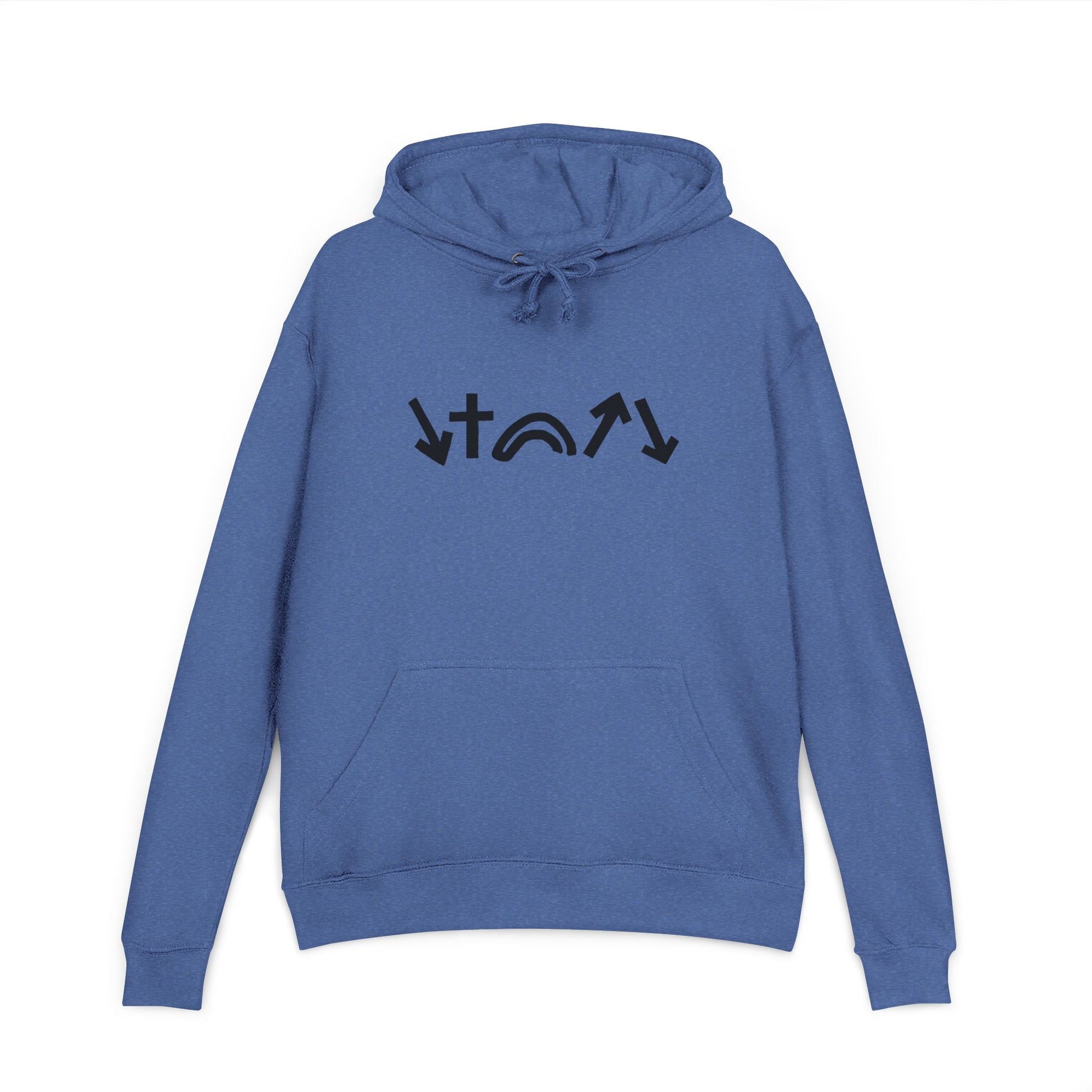 Blue hoodie with black symbols on the back against a white background