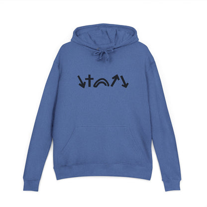 Blue hoodie with black symbols on the back against a white background
