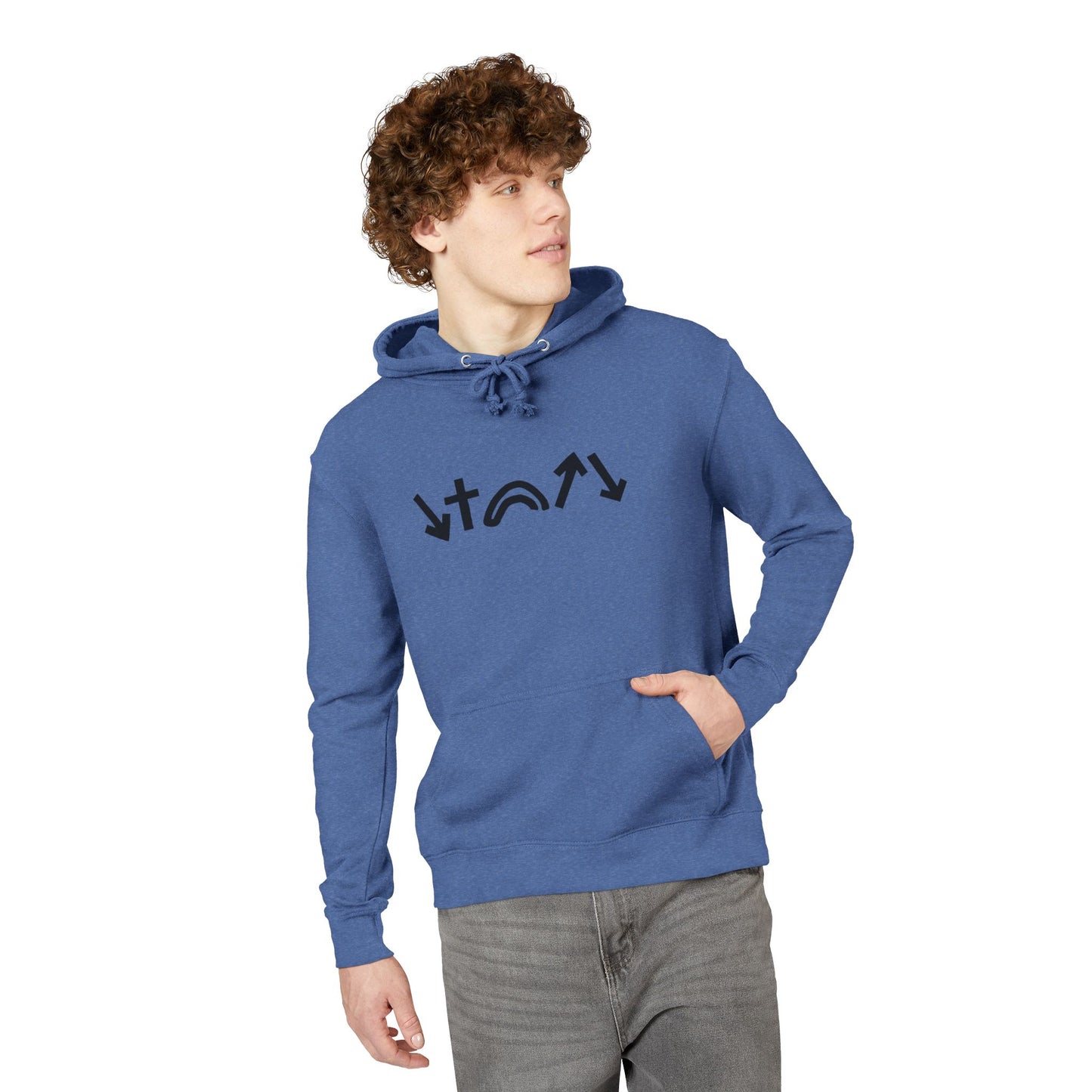 Man wearing a blue hoodie with a graphic design on a white background