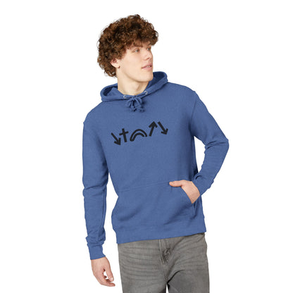 Man wearing a blue hoodie with a graphic design on a white background