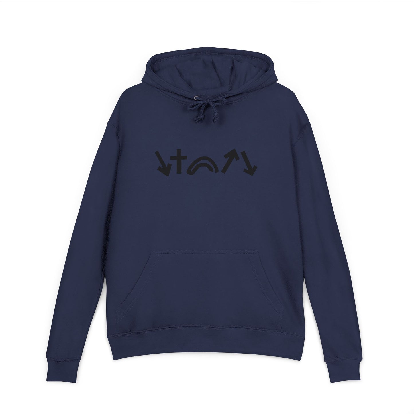 Navy blue hoodie with black graphic design on a white background