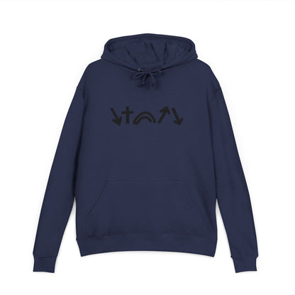 Navy blue hoodie with black graphic design on a white background