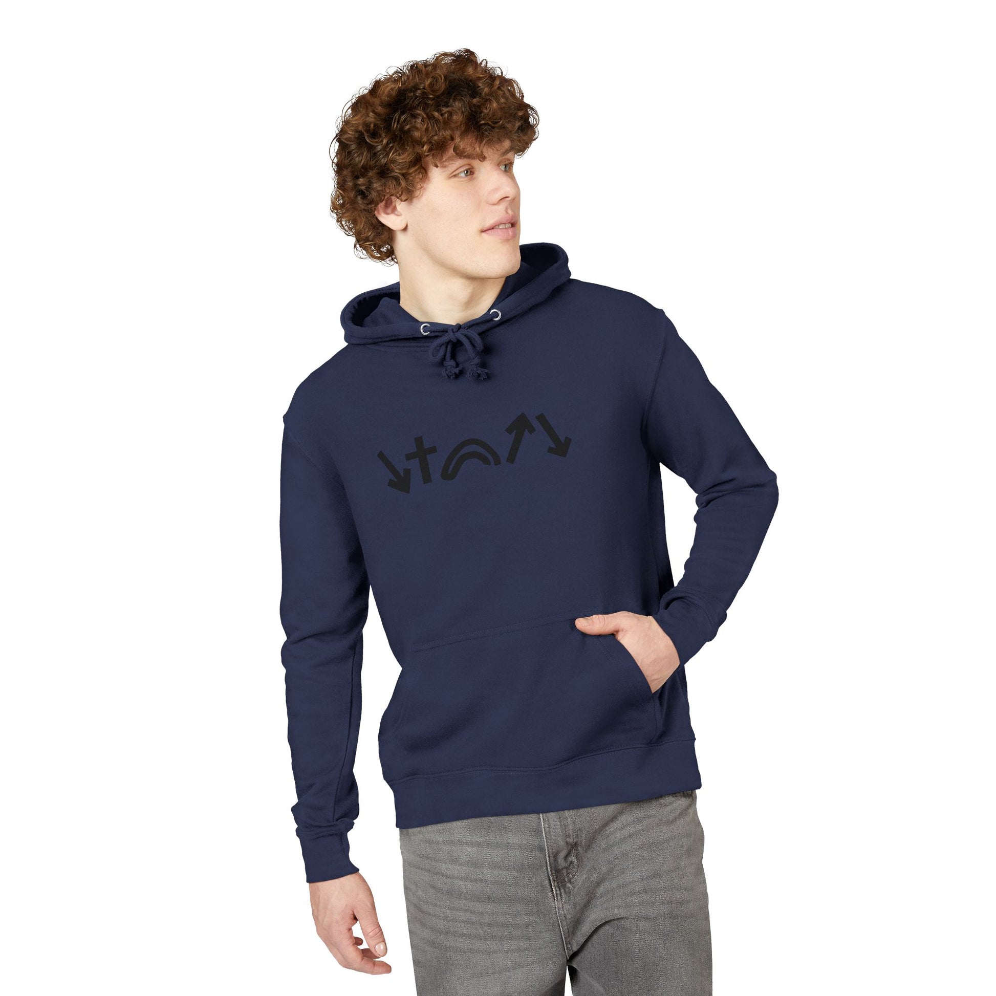 Man wearing a navy blue hoodie with a logo on a white background