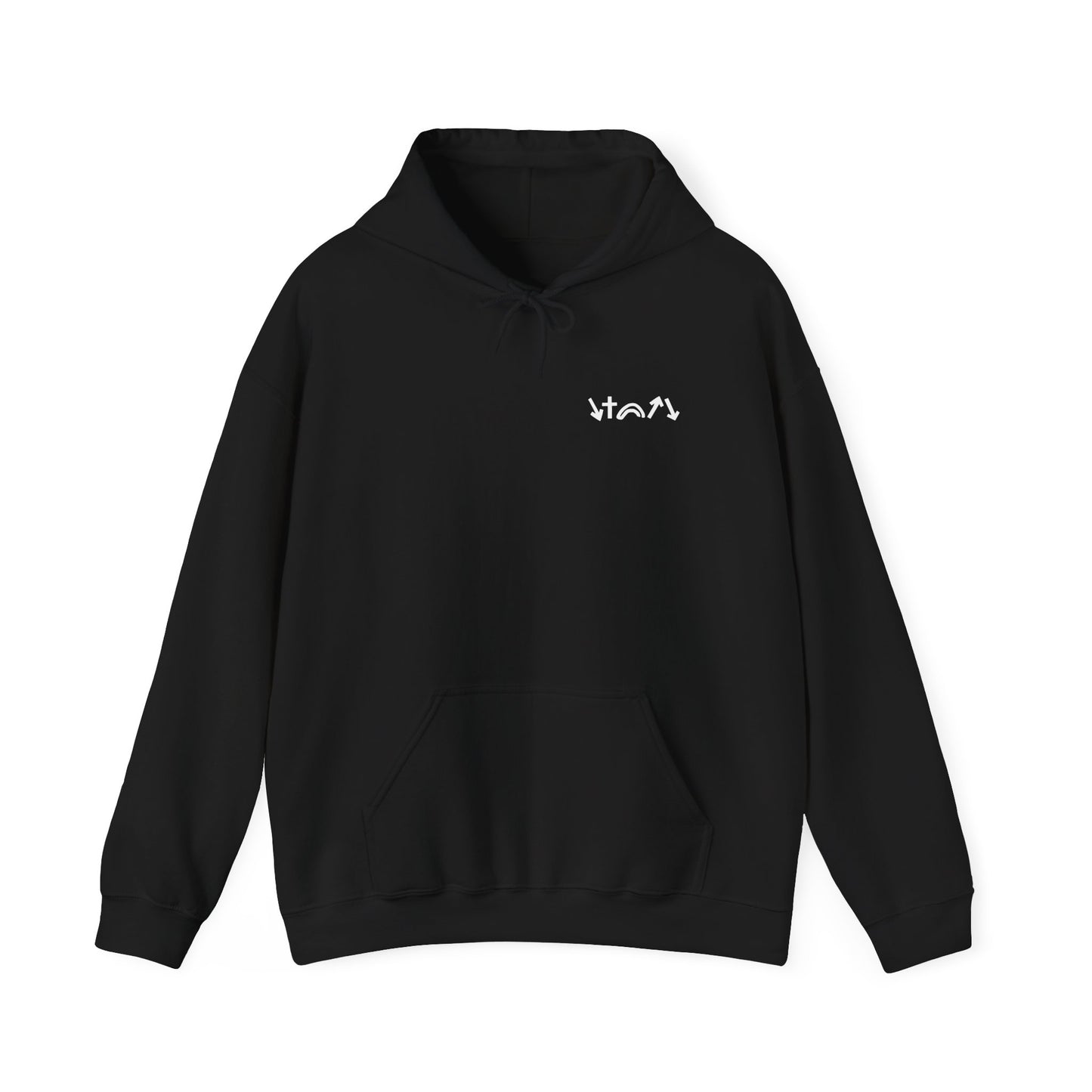 A black unisex hoodie with a front pouch pocket, a drawstring hood, and white text on the front that reads '5 GOSPEL SYMBOLS' along with a symbol below each of the five words.