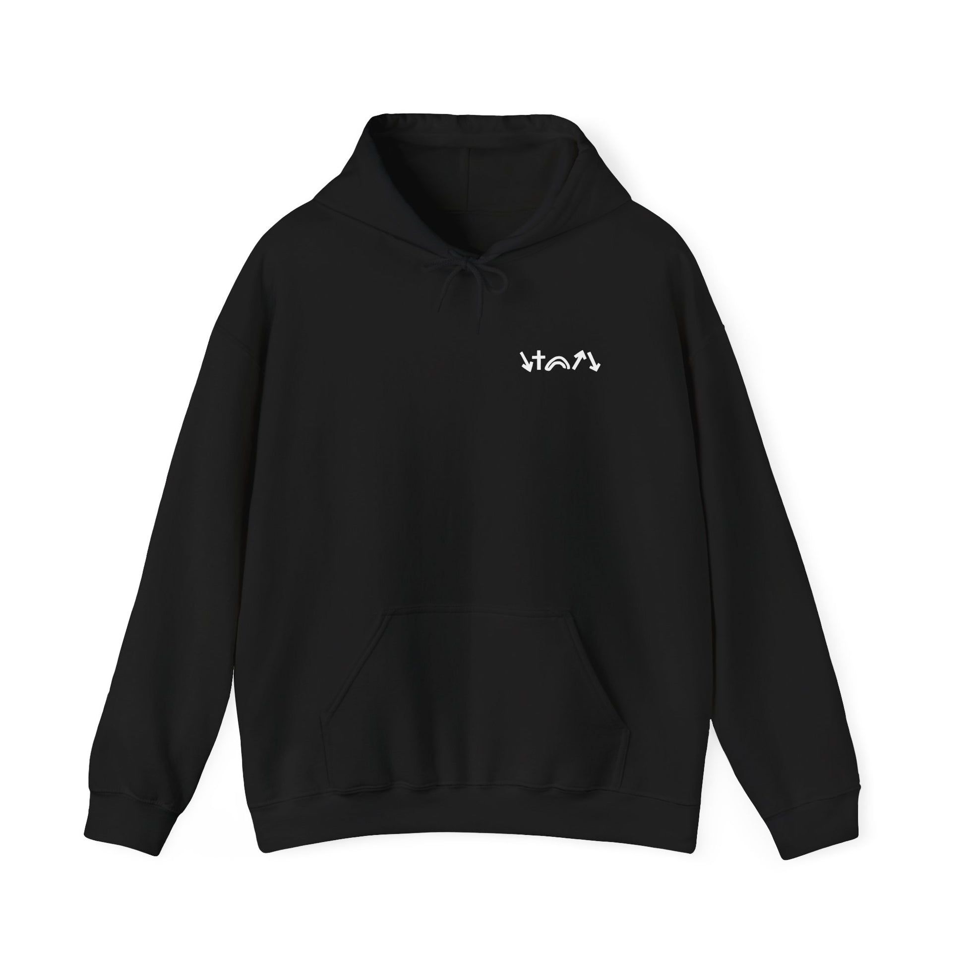 A black unisex hoodie with a front pouch pocket, a drawstring hood, and white text on the front that reads '5 GOSPEL SYMBOLS' along with a symbol below each of the five words.