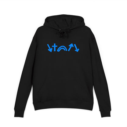 Black hoodie with blue logo on a white background