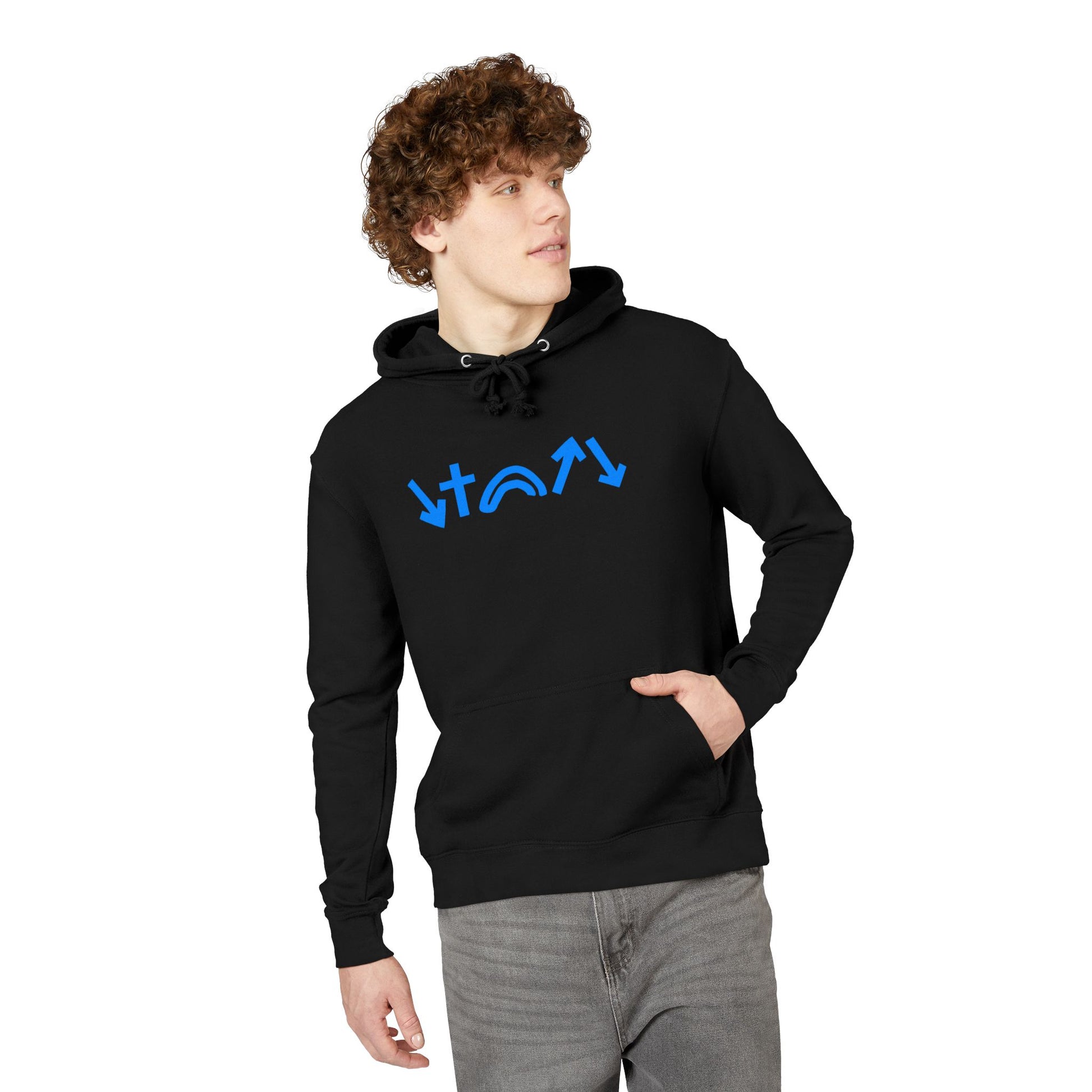 Person wearing a black hoodie with blue logo on a white background