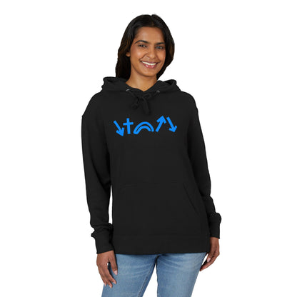 Person wearing a black hoodie with blue text on a white background