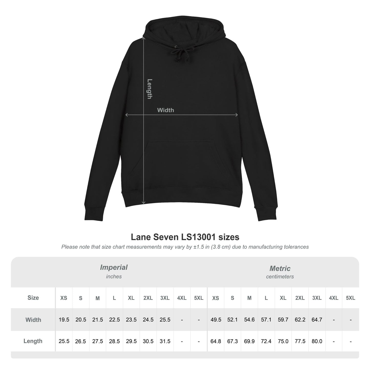 Black hoodie with measurement lines and size chart on a white background