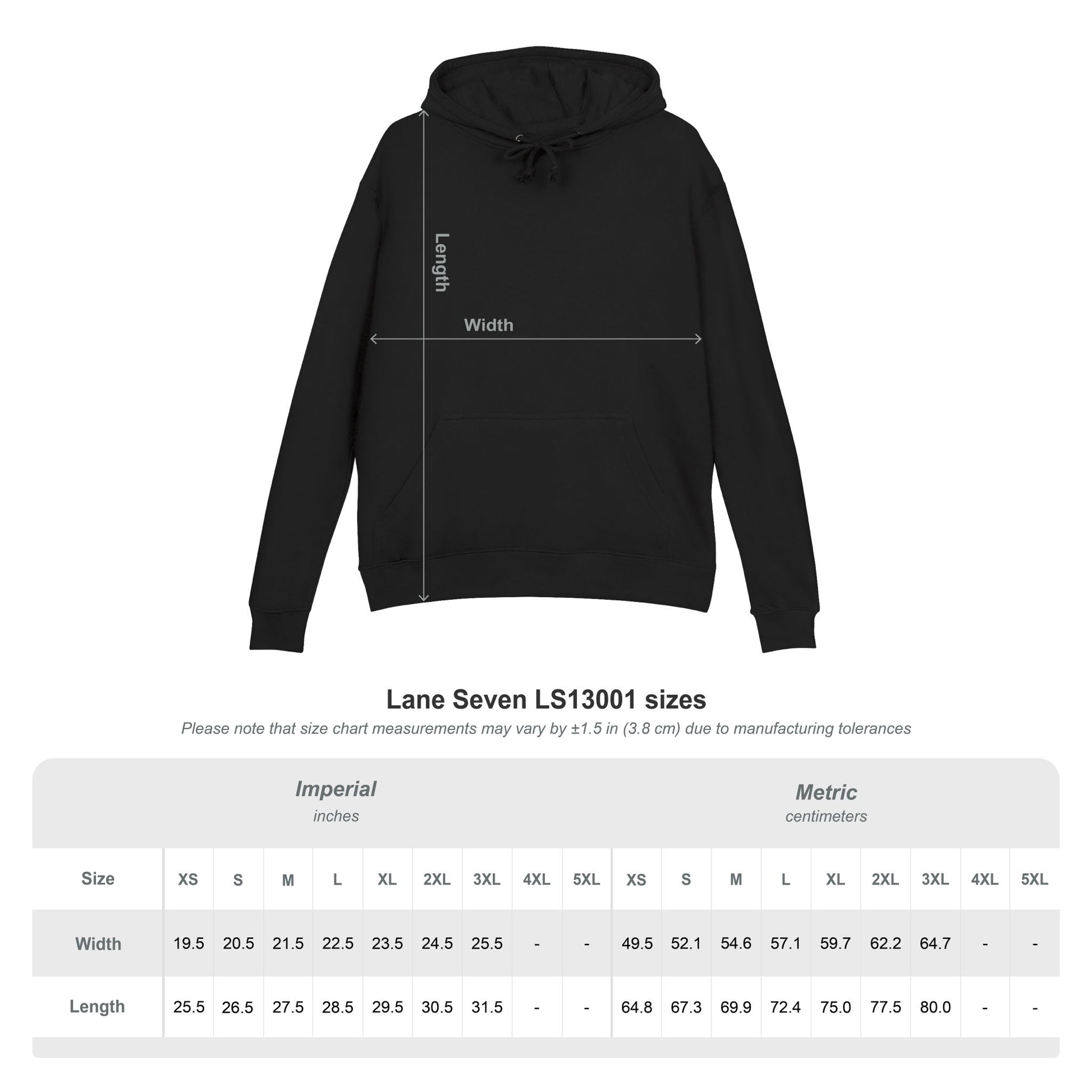 Black hoodie with measurement lines and size chart on a white background