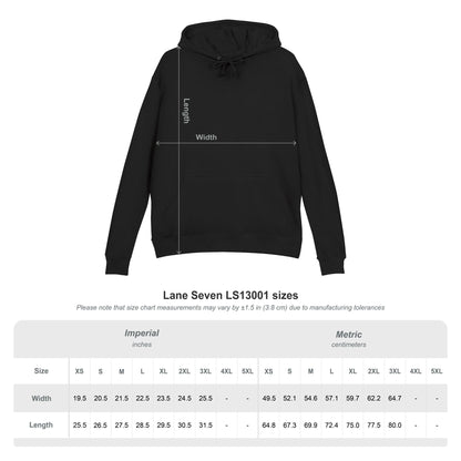 Black hoodie with measurement lines and size chart on a white background