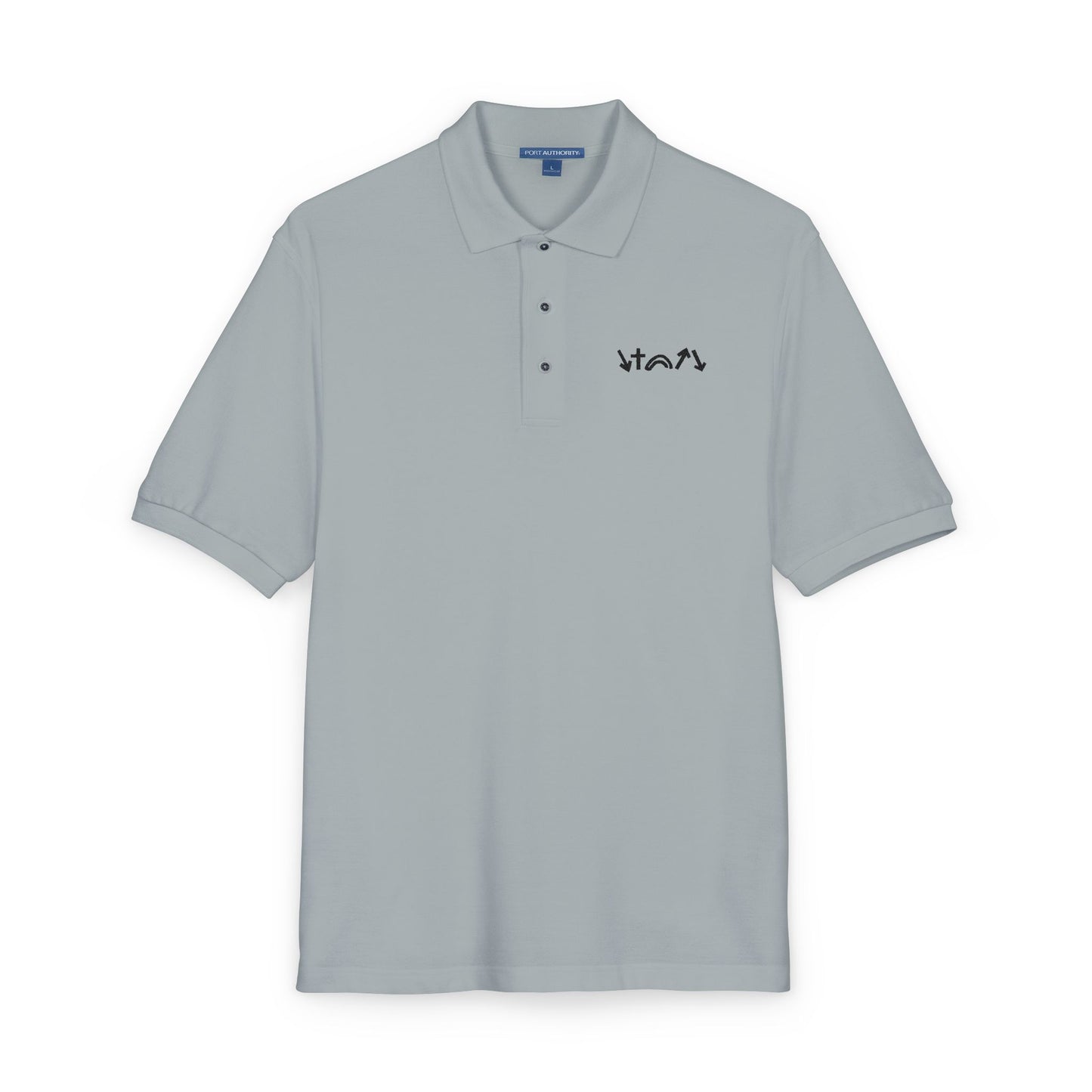 Gray polo shirt with a logo on a white background