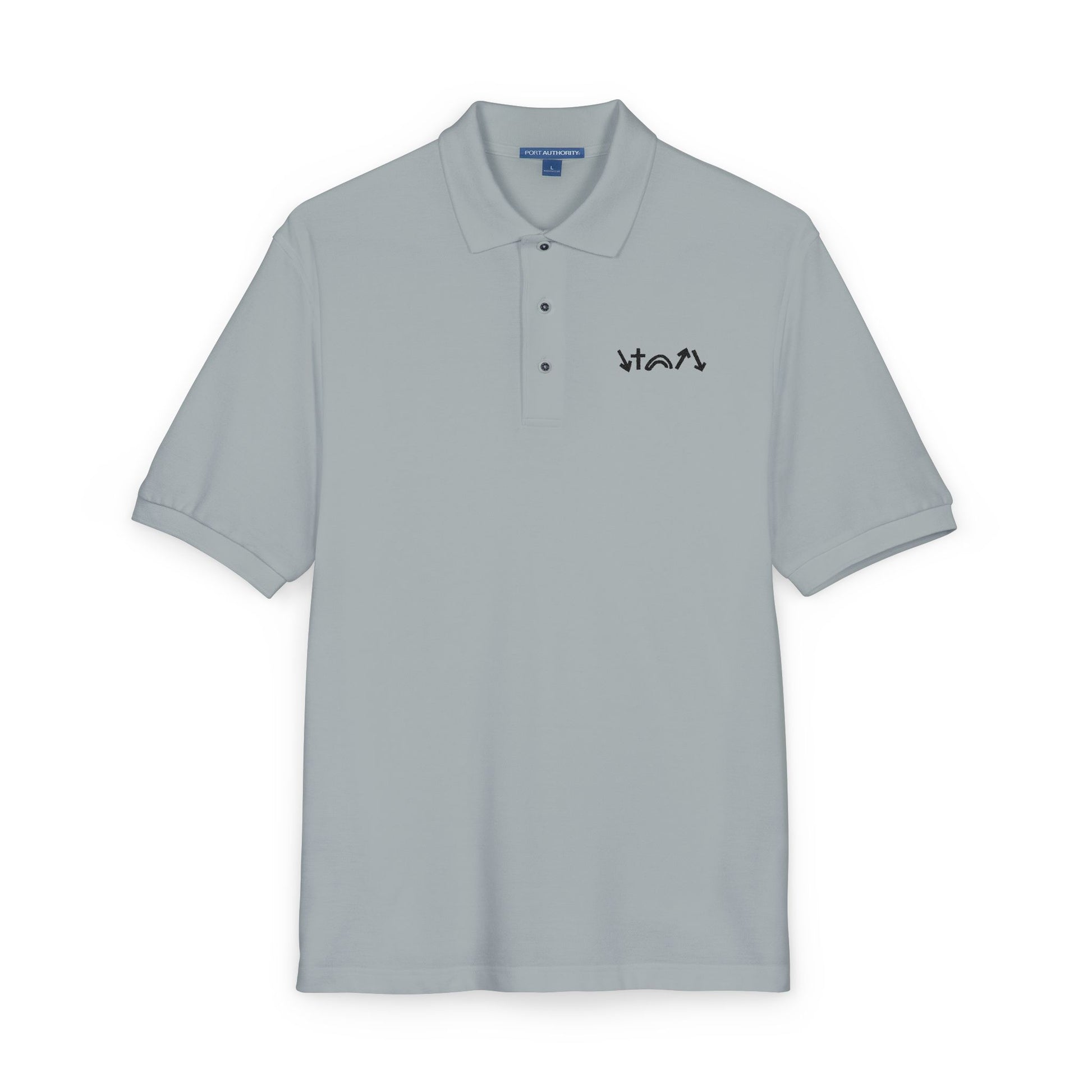 Gray polo shirt with a logo on a white background