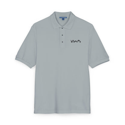 Gray polo shirt with a logo on a white background