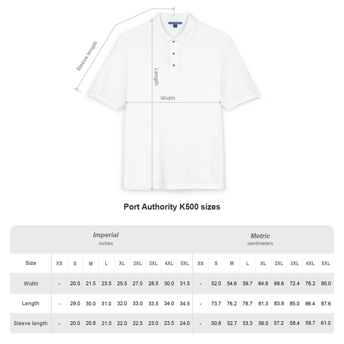 White shirt with measurement chart for Port Authority K500 sizes on a white background